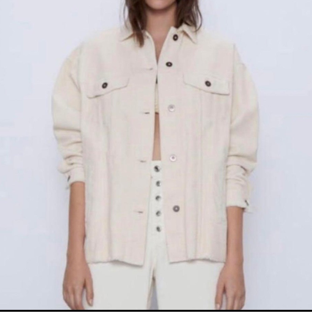 ZARA Oversized Corduroy Jacket Cream Chore Jacket Shacket Frayed Hem Size Small